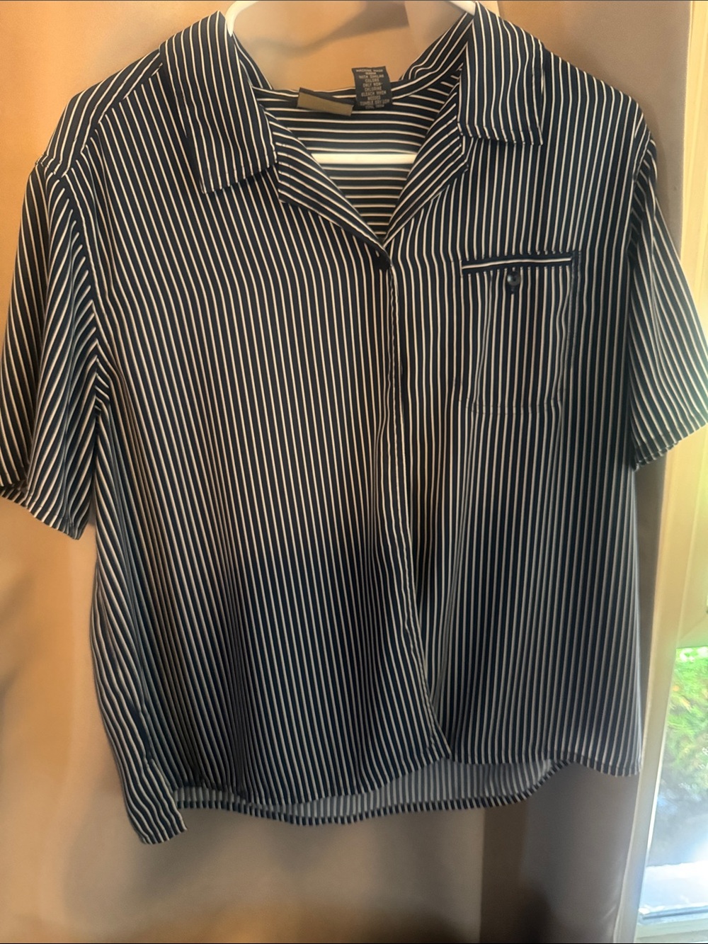 Laura Scott Navy and White Vertical Stripe Short-Sleeve Button-Down Shirt